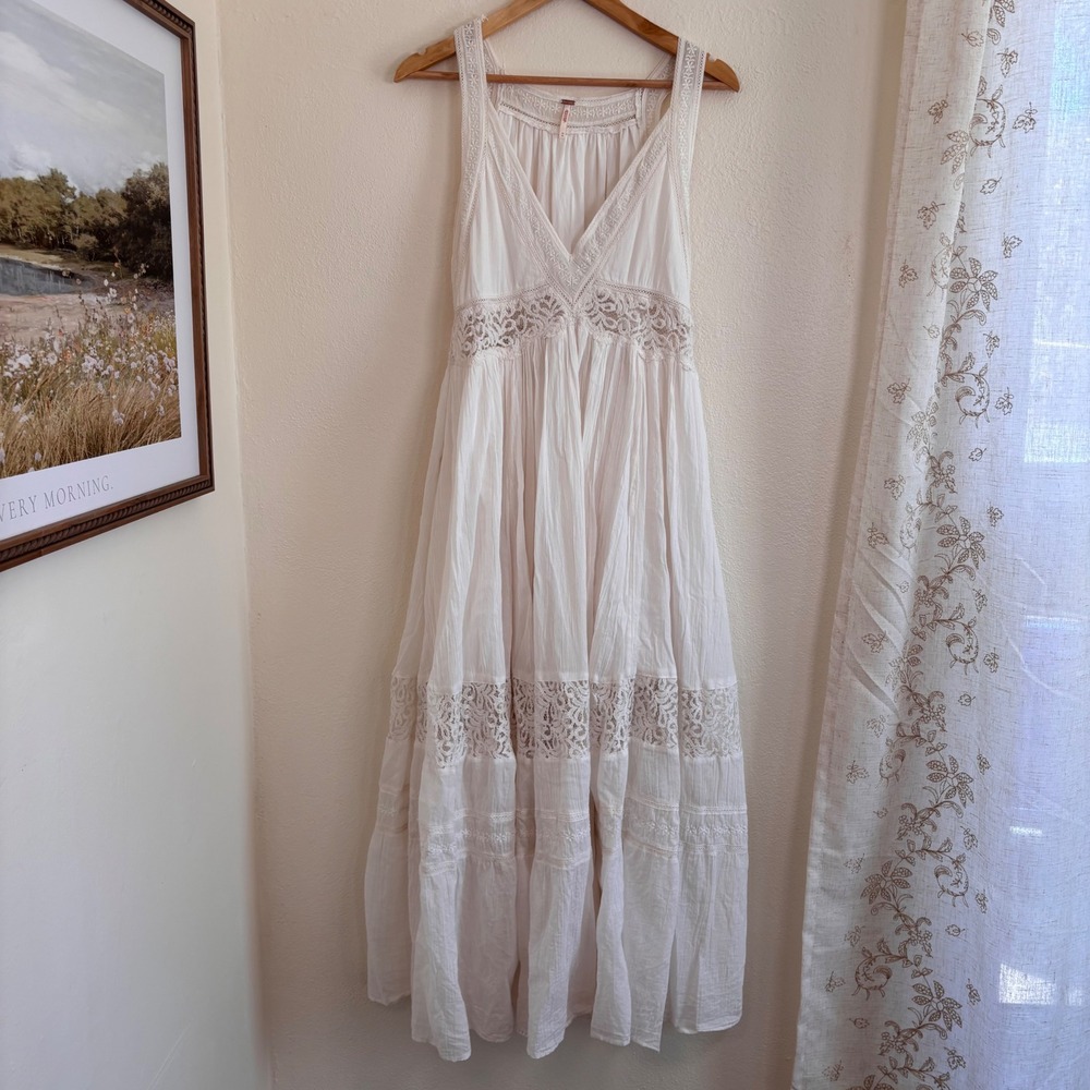 free people carla lace maxi dress white size XS cottagecore boho pockets